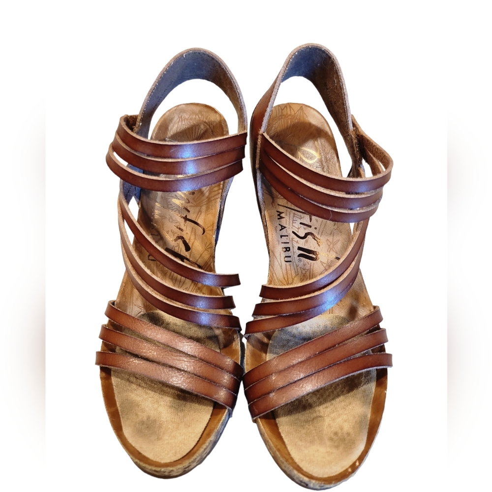 Blowfish Helm Platform Wedge Brown Faux Leather Sandals Size 9 Casual Comfort